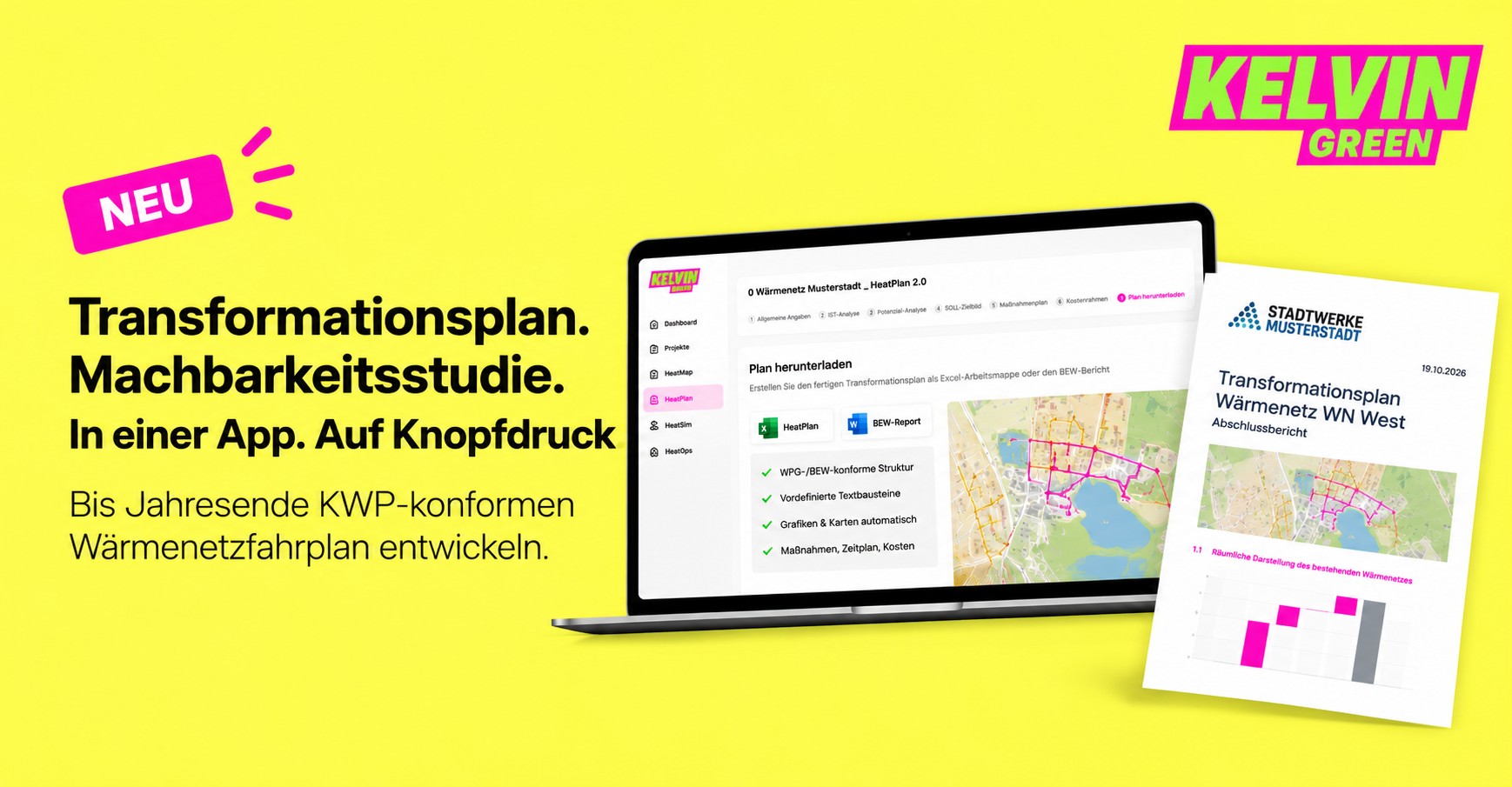 Kelvin Green HeatPlan – digitale Wärmenetzplanung, Transformationspläne und Machbarkeitsstudien in einer App